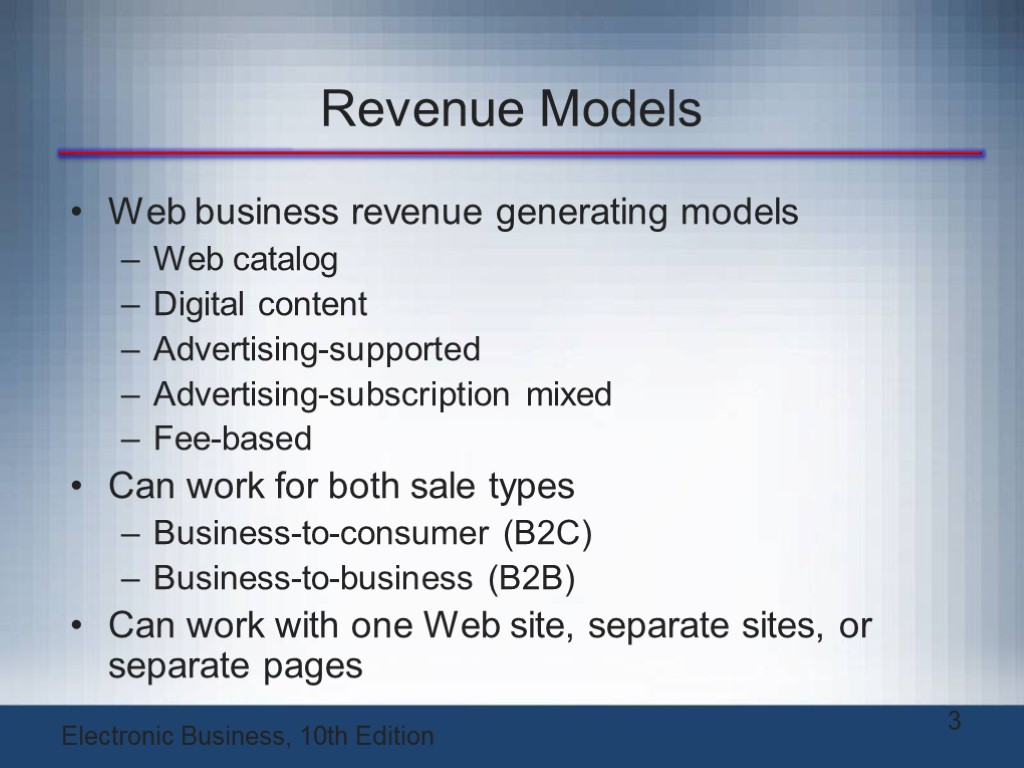 Revenue Models Web business revenue generating models Web catalog Digital content Advertising-supported Advertising-subscription mixed